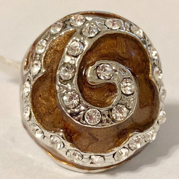 Vintage Brown Enamel Swirl Crystal Cocktail Ring Art Deco Silver Plated Size 8 - Picture 2 of 12